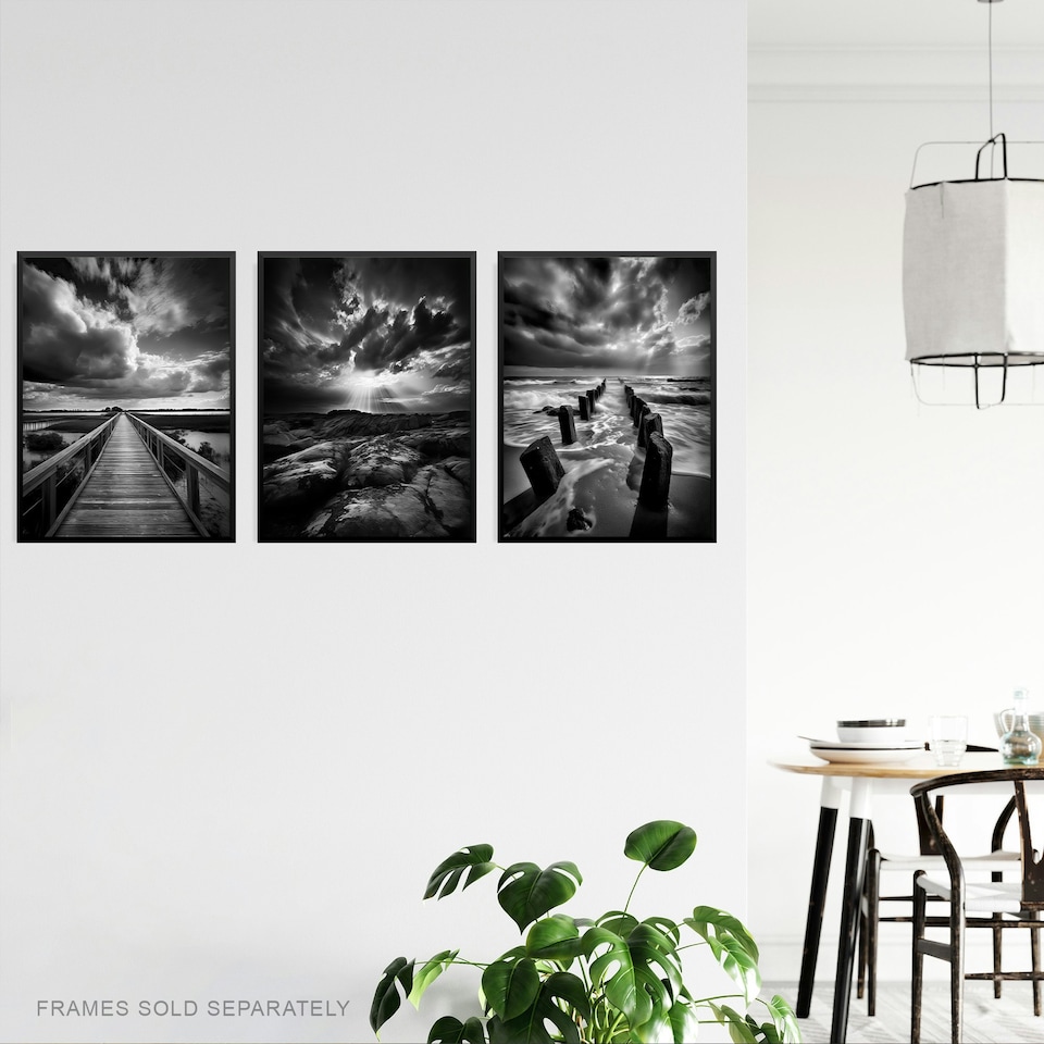 image 1 of Set of 3 Clouds Black White Photographs Dramatic Coastal Landscapes Wall Art Print A4