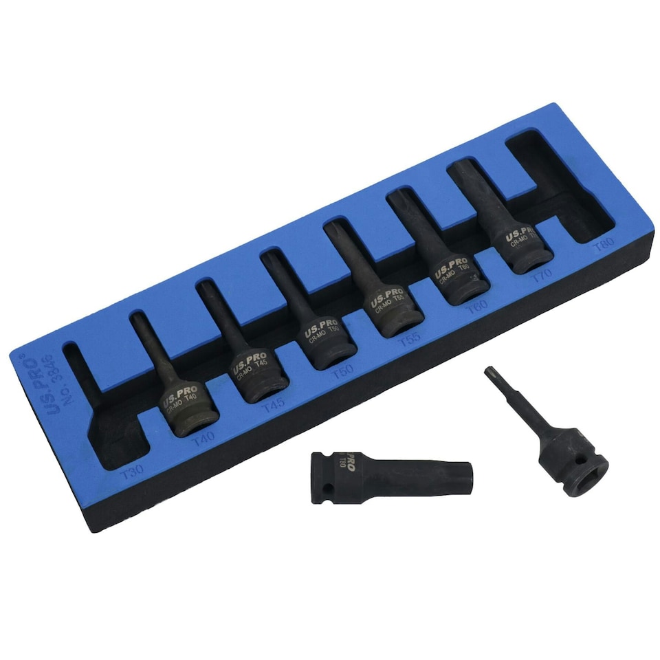 image 1 of 1/2in Drive Impact Impacted Male Torx Star Sockets Deep Sized T30 - T80 8pc