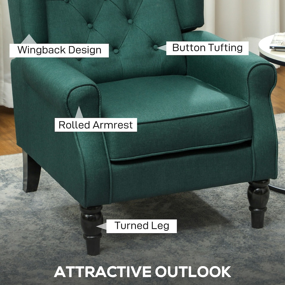 image 1 of HOMCOM Accent Chair Wingback Armchair Tufted Club Wood Fabric, Dark Green | Green | Dark Green | One Size