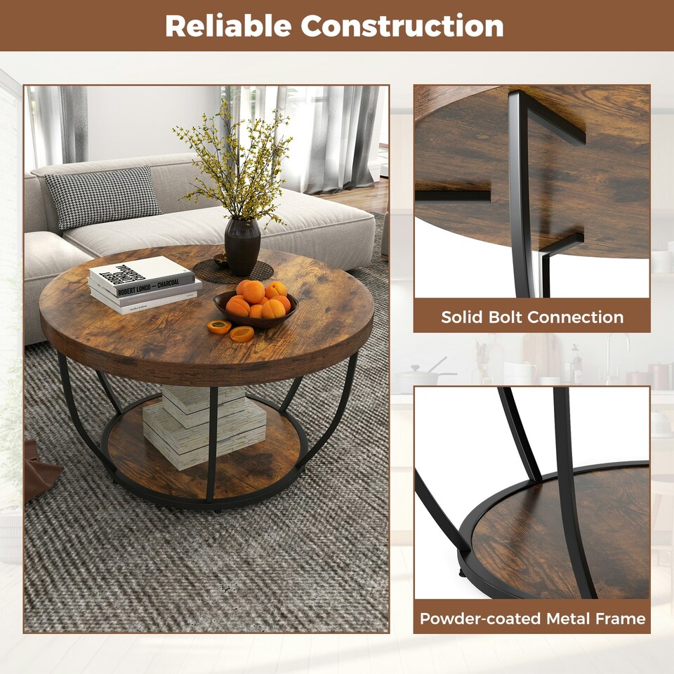 image 1 of COSTWAY 2-Tier Round Coffee Table 80cm Tea Cocktail Table Brown