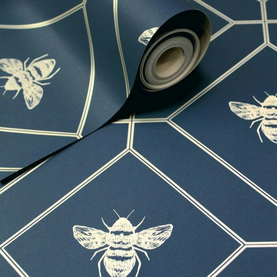 image 1 of World Of Wallpaper Bee Wallpaper - Navy/Gold - 10m x 53cm Blue