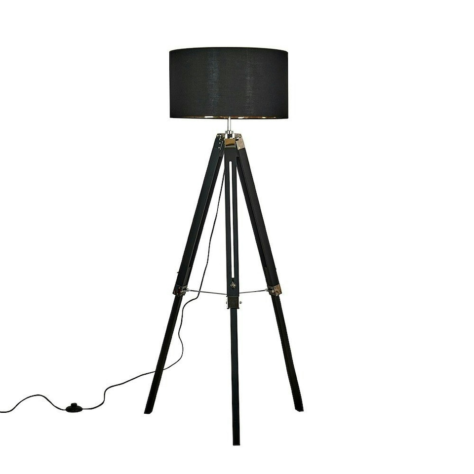 image 1 of ValueLights Black Wood And Silver Chrome Tripod Floor Lamp With Black Gold Drum Shade