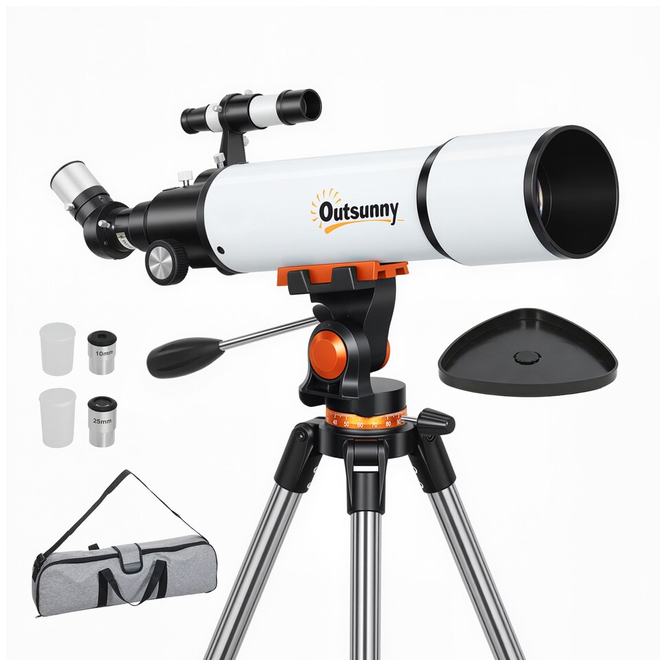 image 1 of Outsunny Astronomy Telescope for Adults and Beginners, 80 mm Aperture Portable Refractor Telescope with 40X/16X Magnification, Adjustable Tripod, Alt-Azimuth Mount, Carry Bag for Travel, White