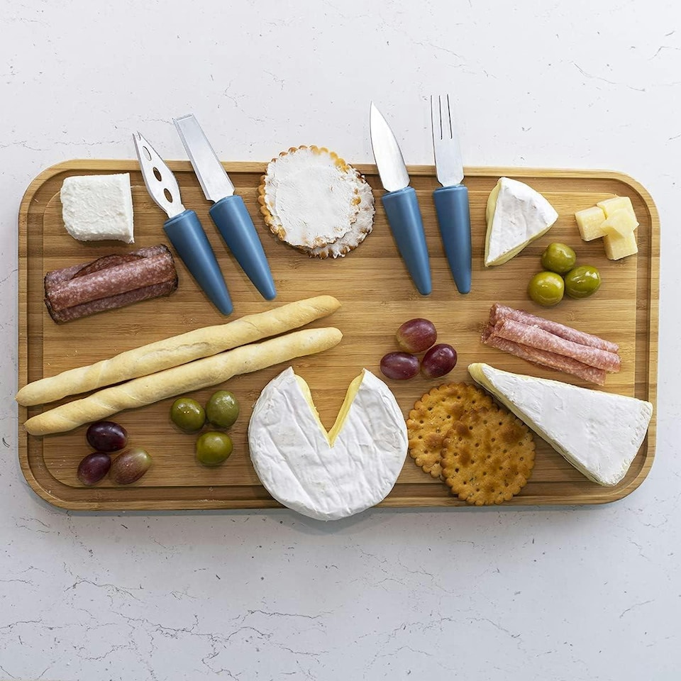 image 1 of CALITEK 4 Piece Cheese Knife Set with Stand Stainless Steel Blades Blue