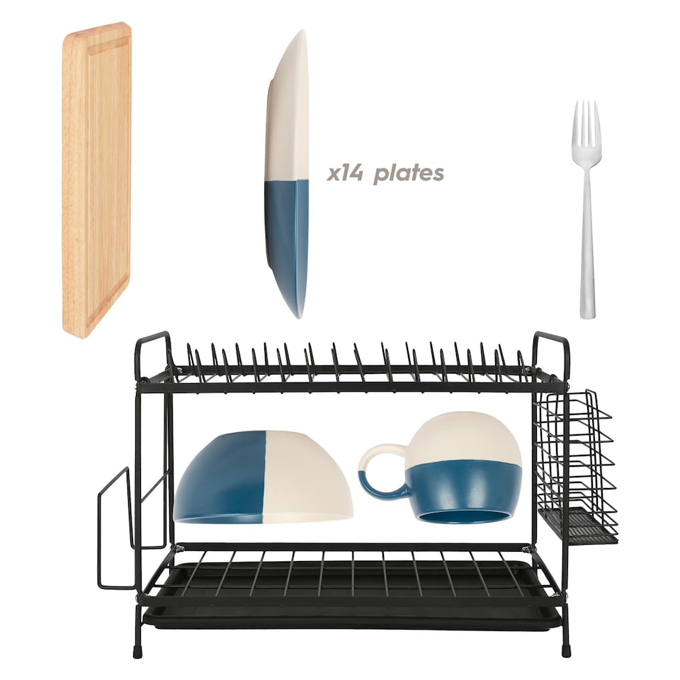 image 1 of Harbour Housewares Metal 2-Tier Dish Drainer Rack with Drip Tray - Black | Black | Black