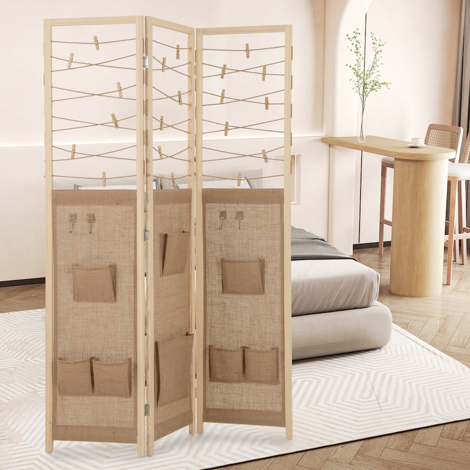 image 1 of COSTWAY 3 Panel Room Divider Folding Display Stand 8 Storage Pockets Natural