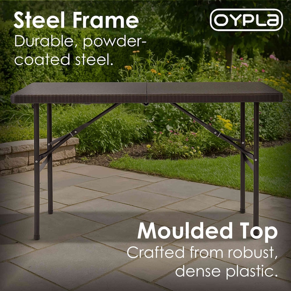 image 1 of 4ft 1.2m Folding Heavy Duty Outdoor Rattan Trestle Party Garden Table | Brown