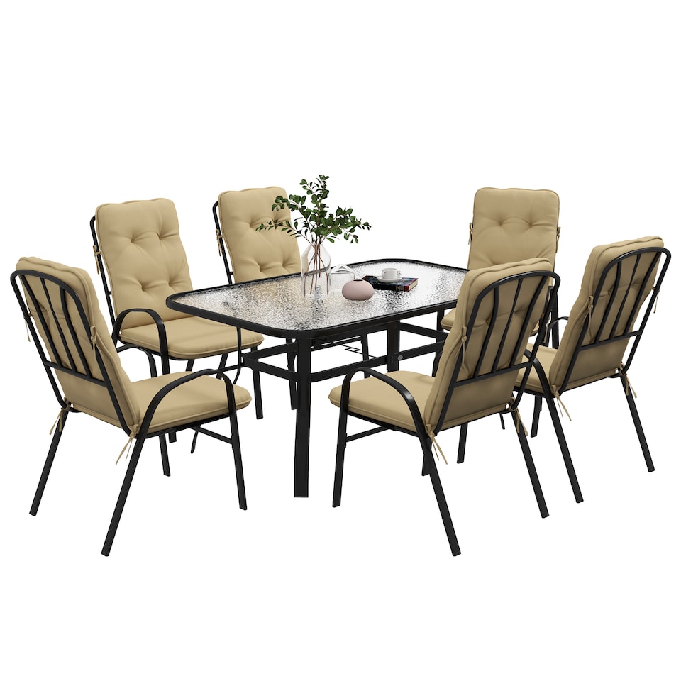 image 1 of Outsunny 7 PCs Garden Dining Set w/ Umbrella Hole & Cushion, Beige