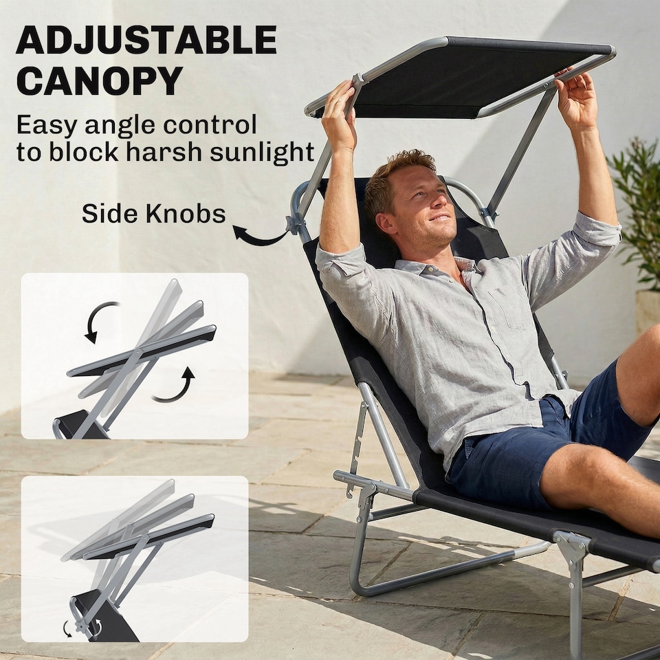 image 1 of Outsunny Folding Sun Lounger with Canopy, Reclining Sunbed with 4-Position Adjustable Backrest, 600D Oxford Cloth, Portable Garden Lounger Recliner Chair for Beach, Camping, Patio, Black