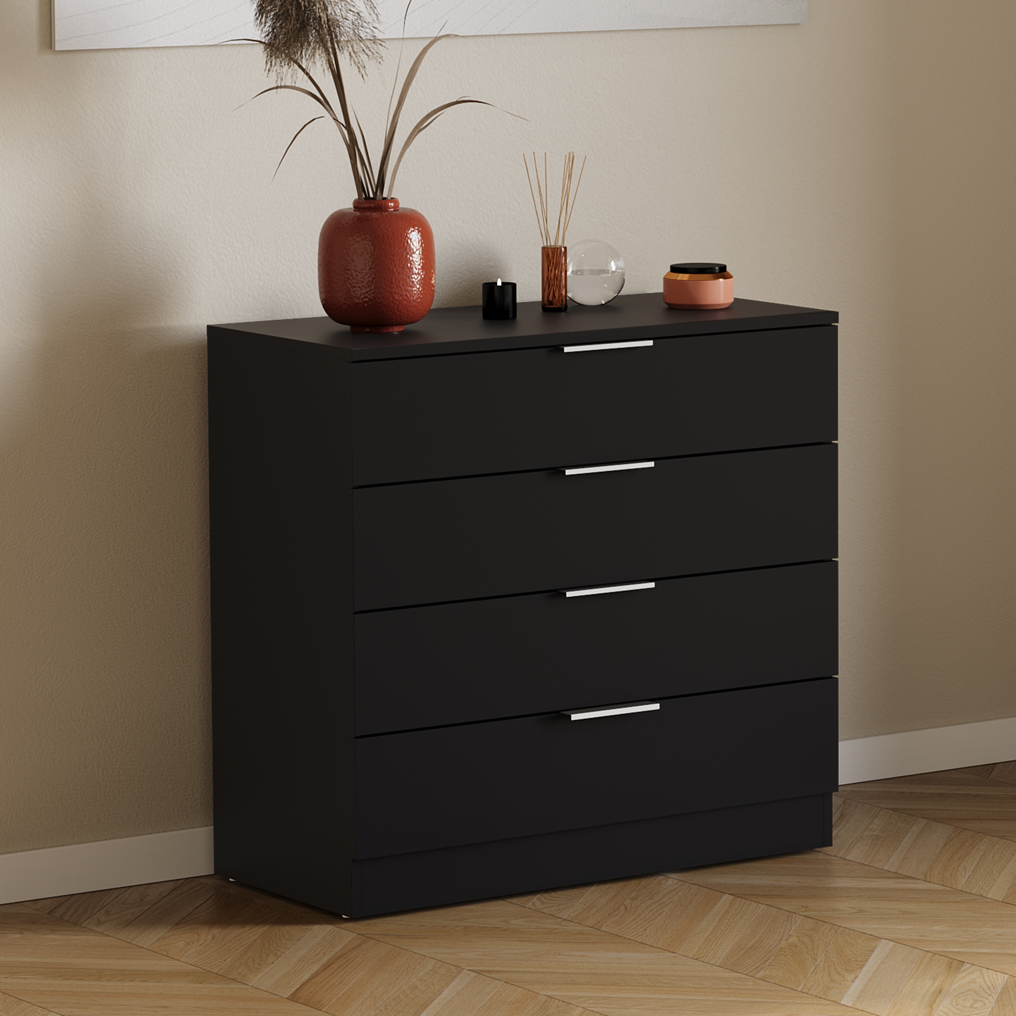 Vida Designs Trega 4 Drawer Chest of Drawers Bedroom Storage Unit, (H) 74cm x (W) 66cm x (D) 36cm, Black