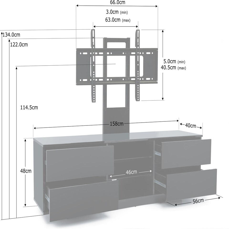 image 1 of Centurion Supports AVITUS Gloss Black with 4-Walnut Drawers for up to 65" LED/LCD/Plasma TV Stand with Mounting Arm Black