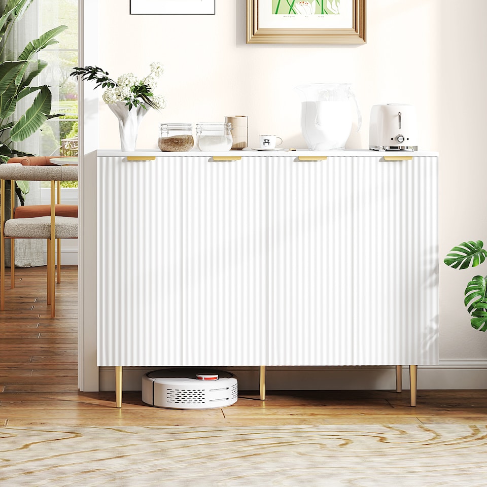 image 1 of HOMCOM Sideboard Buffet Cabinet, Modern Kitchen Storage Cabinet with 4 Doors and Adjustable Shelves, Living Room Cabinet with Metal Legs for Hallway, White | White | White