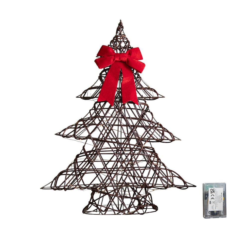 image 1 of 60cm Battery Operated Light up Christmas Tree with Red Bow & 60 Warm White LEDs