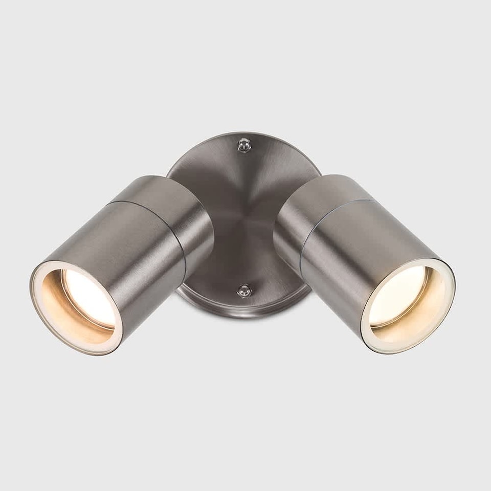 image 1 of ValueLights Barrow Silver Twin Outdoor Wall Spotlight with 3W Warm White Bulb | Chrome