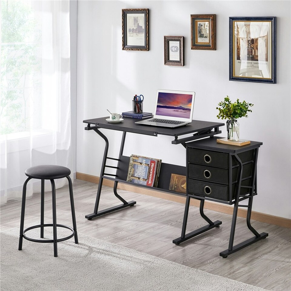 image 1 of Yaheetech Drafting Table & Stool Set For Artists | Black