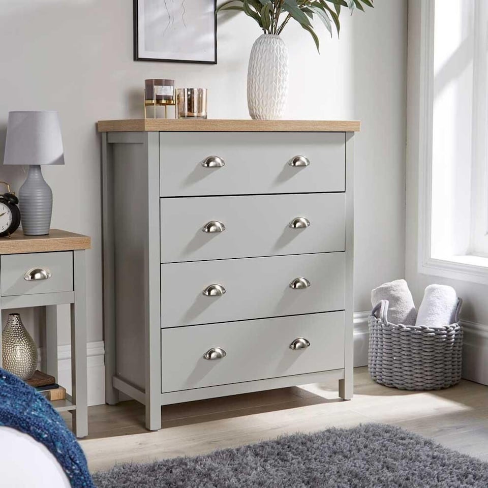 image 1 of Grey Oak 4 Drawer Chest of Drawers Storage Metal Cup Handles Avon Two Tone
