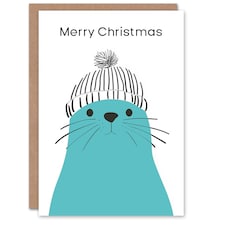 Cute Blue Seal With Winter Hat Bright Modern Blank For Him Or Her Art Christmas Card