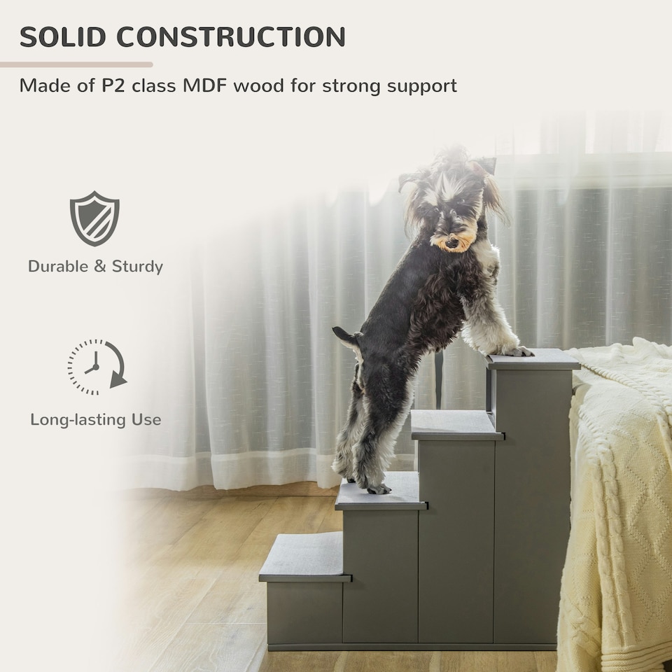 image 1 of PawHut 4 Step Wooden Dog Steps Pet Stairs Cat Ladder for Bed Couch, Grey