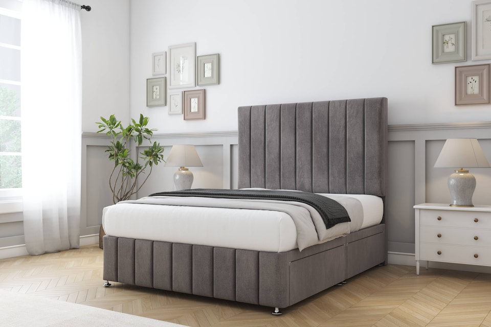 image 1 of Sloomy California Slate Naples Divan Bed Base No Drawers With 26 Inch Strutted Headboard & 12 Inch Matching Footboard | Grey | Slate | Small Single | 1