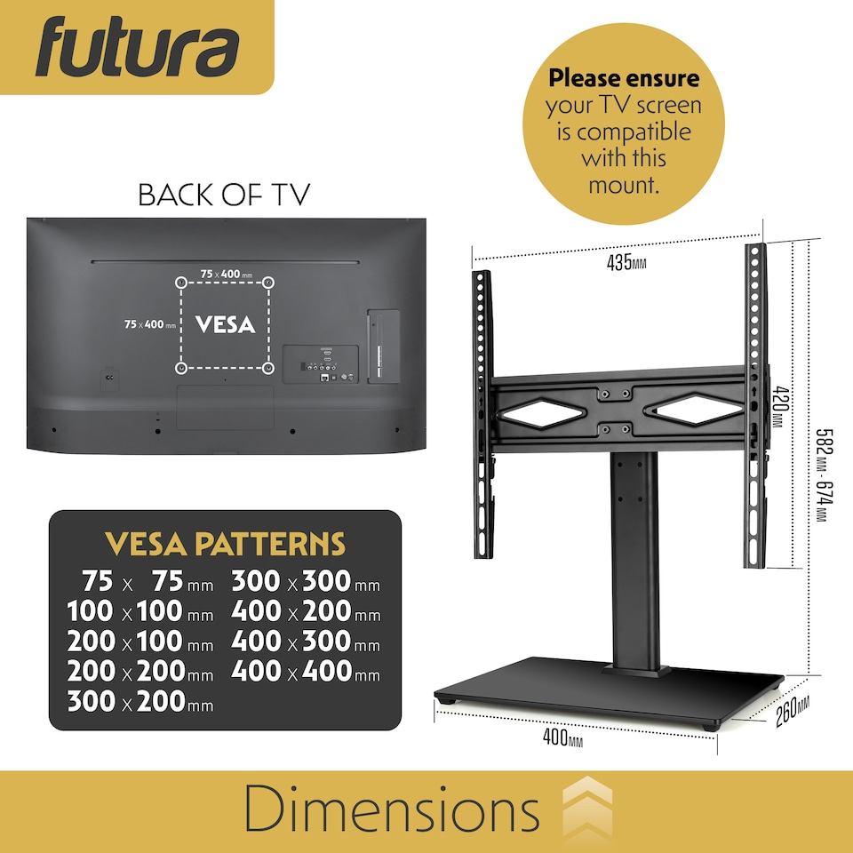 image 1 of Futura 24-60 Inch Universal TV Table Stand, Swivel & Height Adjustable 45kg Load Black