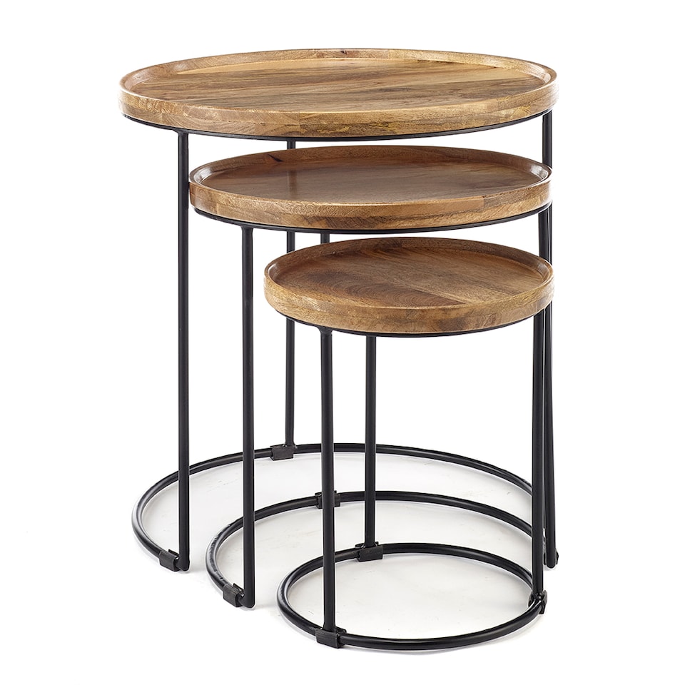 image 1 of Round Nest Of Three 3 Tables End Lamp Light Solid Mango Wood Black Metal Frame 57cm H x 54cm W x 54cm D