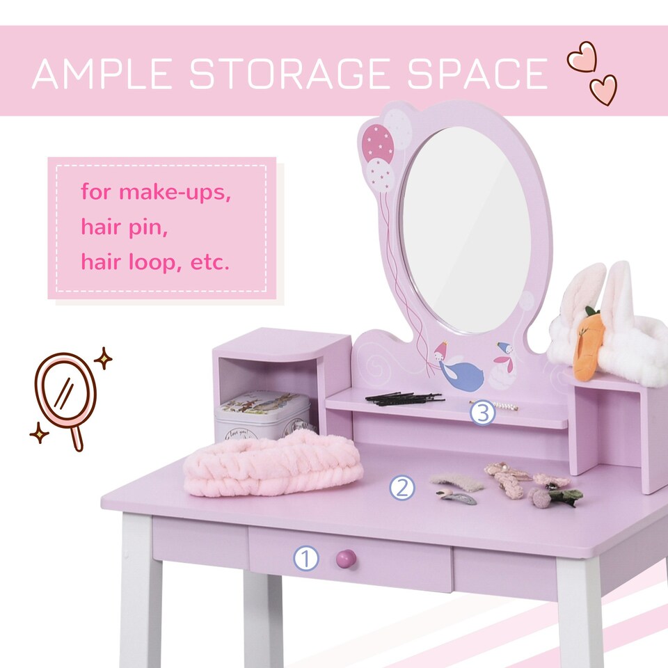 image 1 of HOMCOM Kids Dressing Table and Stool Set Make Up Desk with Storage (Pink) Pink
