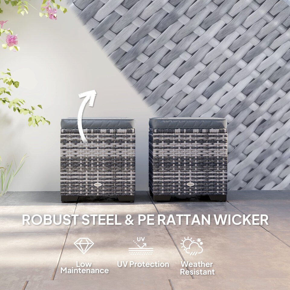 image 1 of Outsunny Set of 2 Rattan Storage Ottoman, Outdoor Footstool with Removable Cushions, Garden Storage Seat for Balcony, Porch, Living Room, Dark Grey | Grey | 40W x 40D x 40H cm | 1