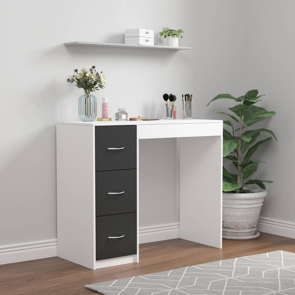 image 1 of 3-Drawer Wooden Desk and Dressing Table - Multi-Functional, 79.5x93x40 cm | White | White & Black | 22.5 x 43.5 x 98.5 | 1