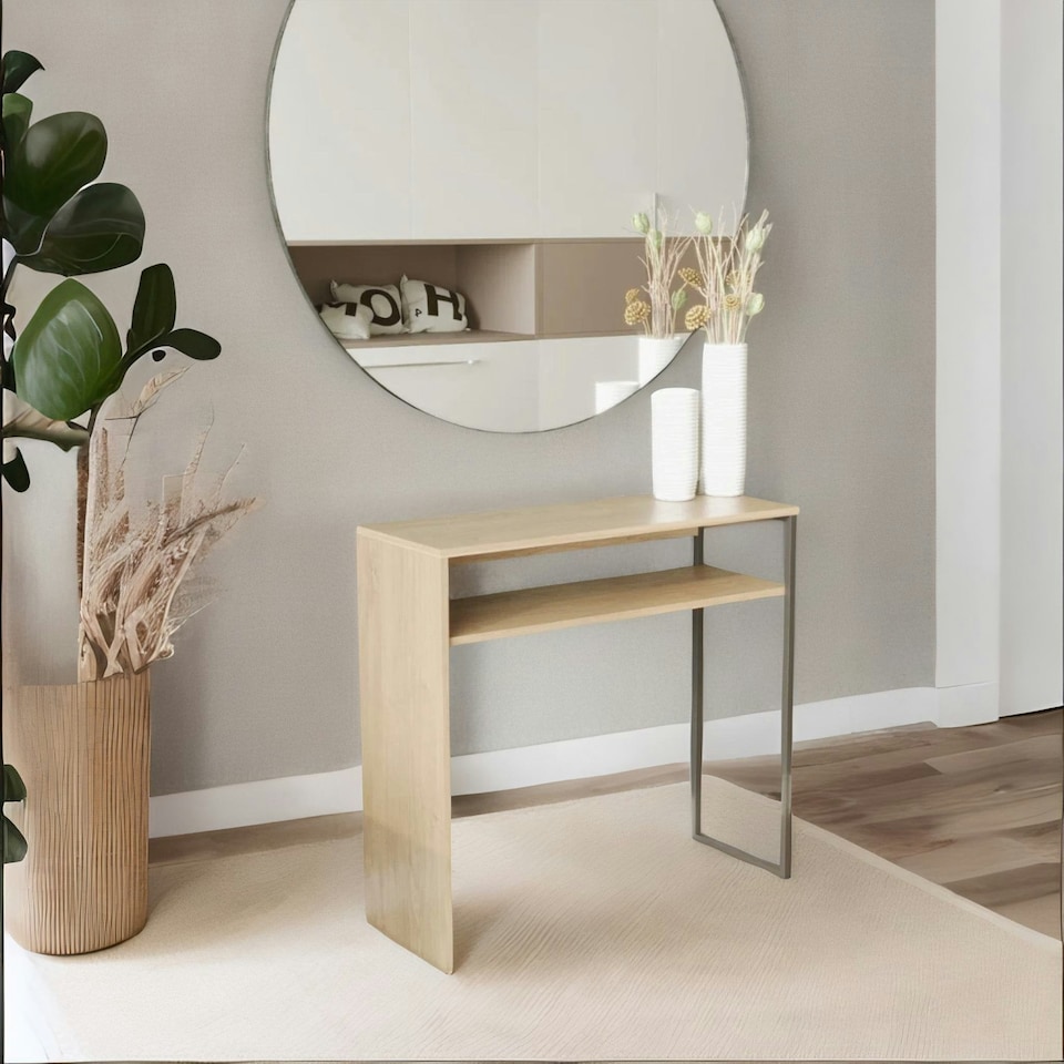 image 1 of 2 Tier Hallway Console Table With Steel Frame Oak Brown
