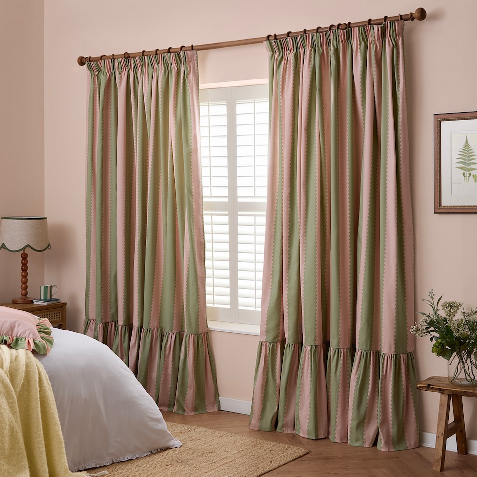 image 1 of Furn Birdie Stripe Fully Lined Ruffle Pencil Pleat Curtain Pair, Pink/Green, (W) 229cm x (D) 137cm