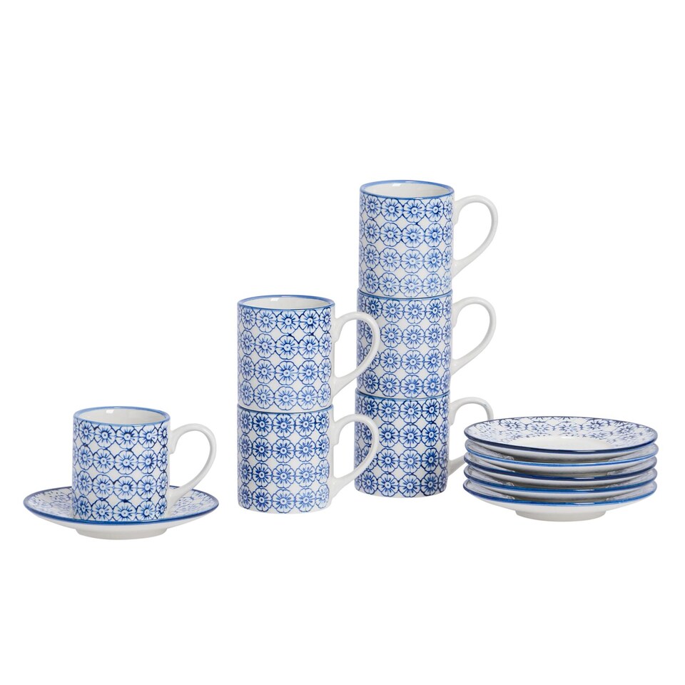 image 1 of Nicola Spring 12 Piece Hand-Printed Espresso Cup & Saucer Set - 65ml - Navy | Blue | Blue | 12
