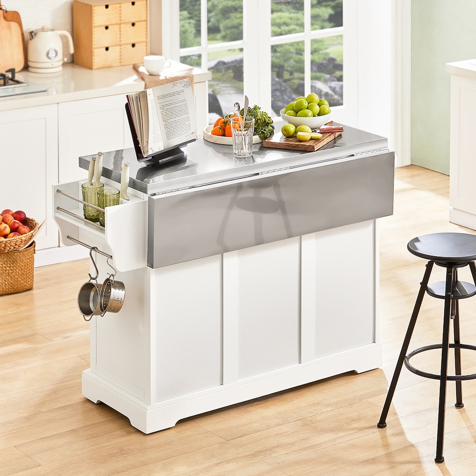 image 1 of SoBuy Extendable Kitchen Island on Wheels with Stainless Steel Worktop, White, 51.2x18.1/28.0x35.8 inches, 27.3 kg - FKW41-ST