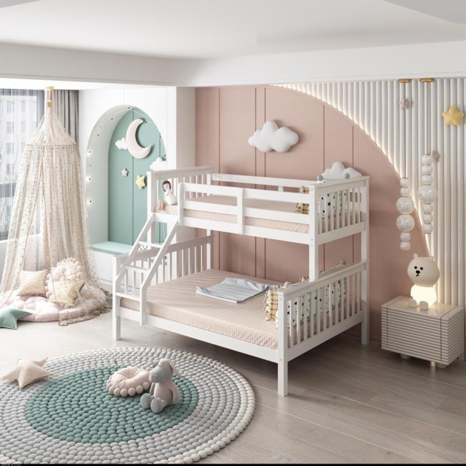 image 1 of White Bunk Bed with 2 Mattresses 3ft Single & 4ft6 Double Trio Bunk Beds, Wooden Children Bedroom Furniture