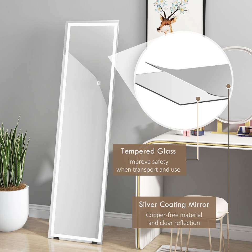 image 1 of HOMCOM Full Length Mirror with LED Lights, 15040cm Floor Mirror, Free Standing, Wall Mounted or Leaning, Full Size Body Mirror with Dimmable and 3 Colour Lighting for Bedroom, 33W, White