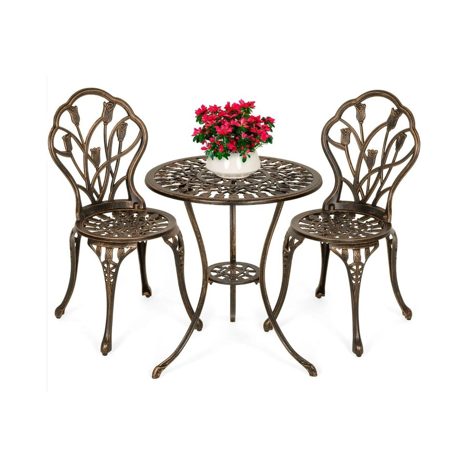 image 1 of Brown Bistro Set Outdoor Garden Patio Floral Table and 2 Chairs Aluminium Frame