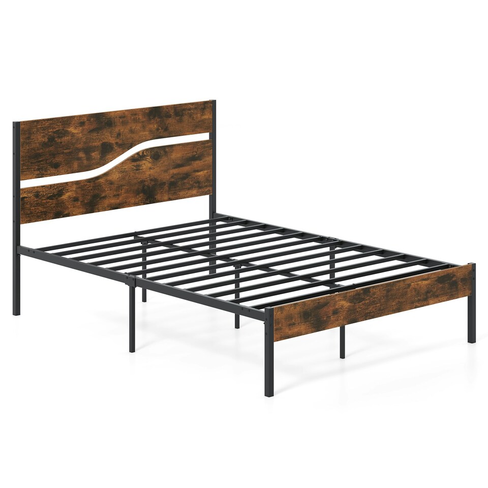image 1 of COSTWAY Double Metal Bed Frame w/ Wooden Headboard