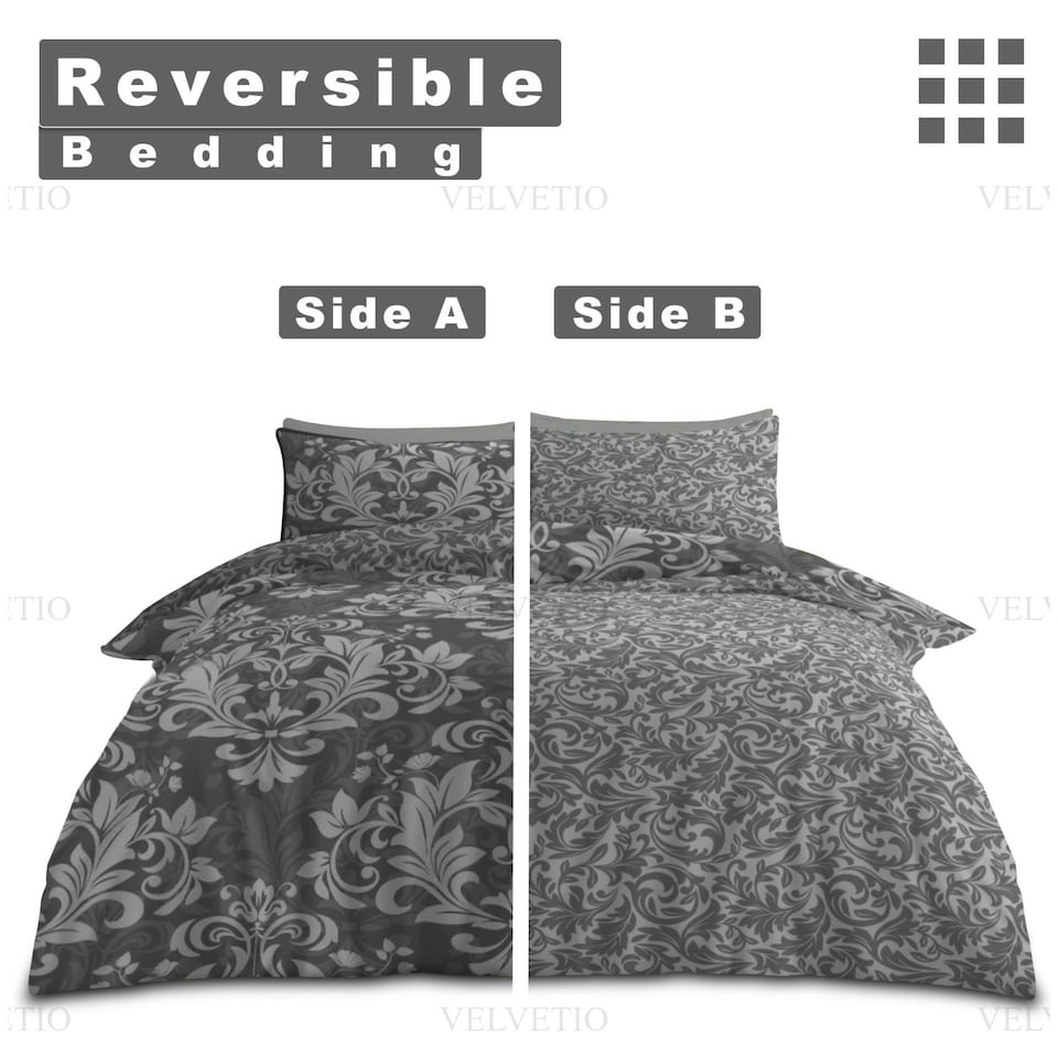 image 1 of VELVETIO Ananias Damask Complete Duvet Cover Set with Fitted Sheet Printed Bedding Quilt Grey | Double