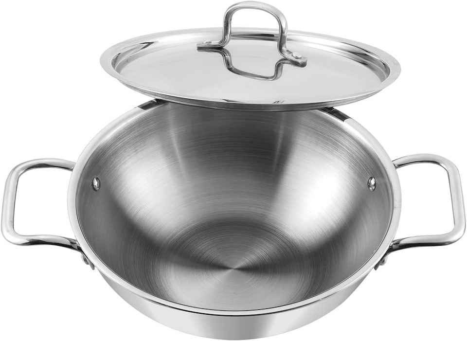 image 1 of Vinod Smart Triply Stainless Steel Cookware Deep Kadai with Stainless Steel Handled lid - Wok for Stir Fry Cooking (32 cm)