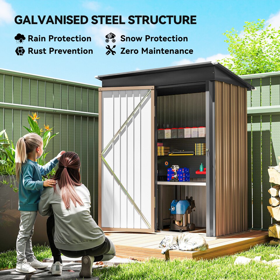 image 1 of Outsunny 5x3ft Garden Shed, Steel Small Shed, Outdoor Leanto Shed with Adjustable Shelf, Lock and Gloves for Patio, Garden, Brown with Foundation Kit | Brown | 1