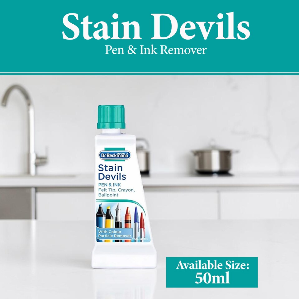 image 1 of Dr Beckmann Stain Devils Pen and Ink Remover Fabric Stain Cleaner for Ballpoint Fountain and Felt Tip Ink 50ml Pack of 2