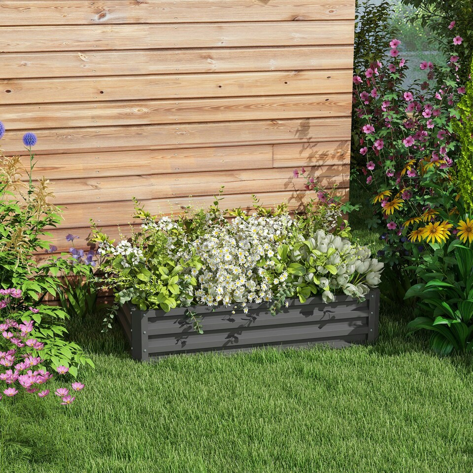 image 1 of Outsunny Raised Garden Bed Elevated Planter Box for Flowers Light Grey