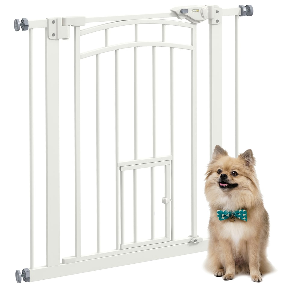 image 1 of PawHut Pressure Fit, Safety Gate Dog Gate w/ Small Cat Door Opening, 74-80cm
