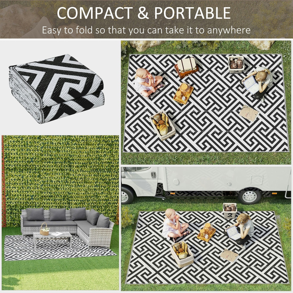 image 1 of Outsunny 182x274cm Reversible Outdoor Rug Portable Plastic Straw RV Camping Mat Black | Black