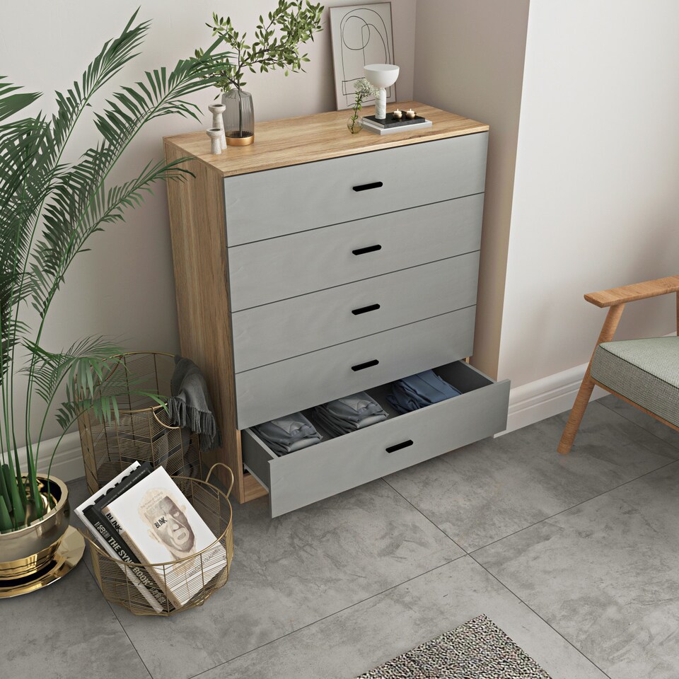 image 1 of Oak 5-Drawer Chest Cabinet | Brown | 1