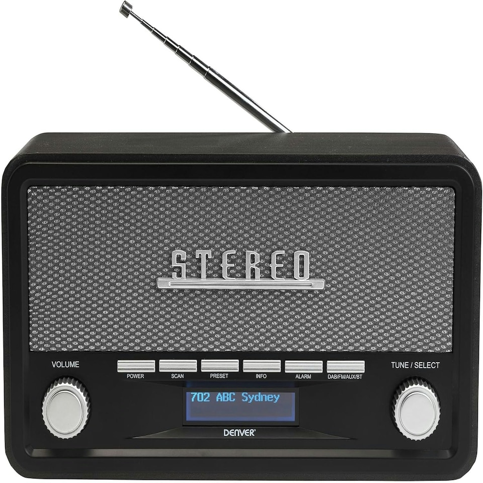 image 1 of Vintage Style Stereo DAB/DAB+ & FM Radio – Grey Wood Cabinet, Bluetooth, Clock Radio Alarm, AUX IN for Smart Phone/Tablet / MP3 Player – Mains or Battery