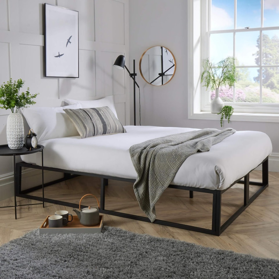 image 1 of 4ft Small Double Platform Bed Slatted Support Contemporary Black Metal Frame