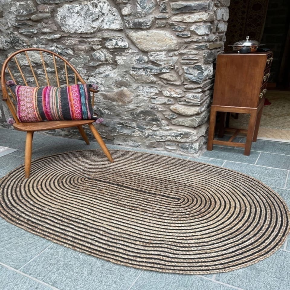 image 1 of CHAKKAR DARK Stripe Oval Beige Black Rug - Jute - L120 x W180 - Beige/Black Black