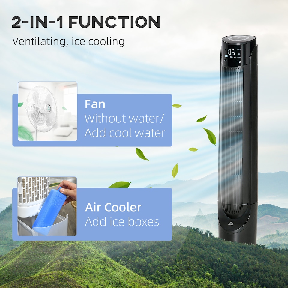 image 1 of HOMCOM 2.8L 2-in-1 Evaporative Air Cooler, Portable Tower Fan with 4 Modes, 3 Speed, Remote Control, 12H Timer, Oscillating for Home Bedroom, Black