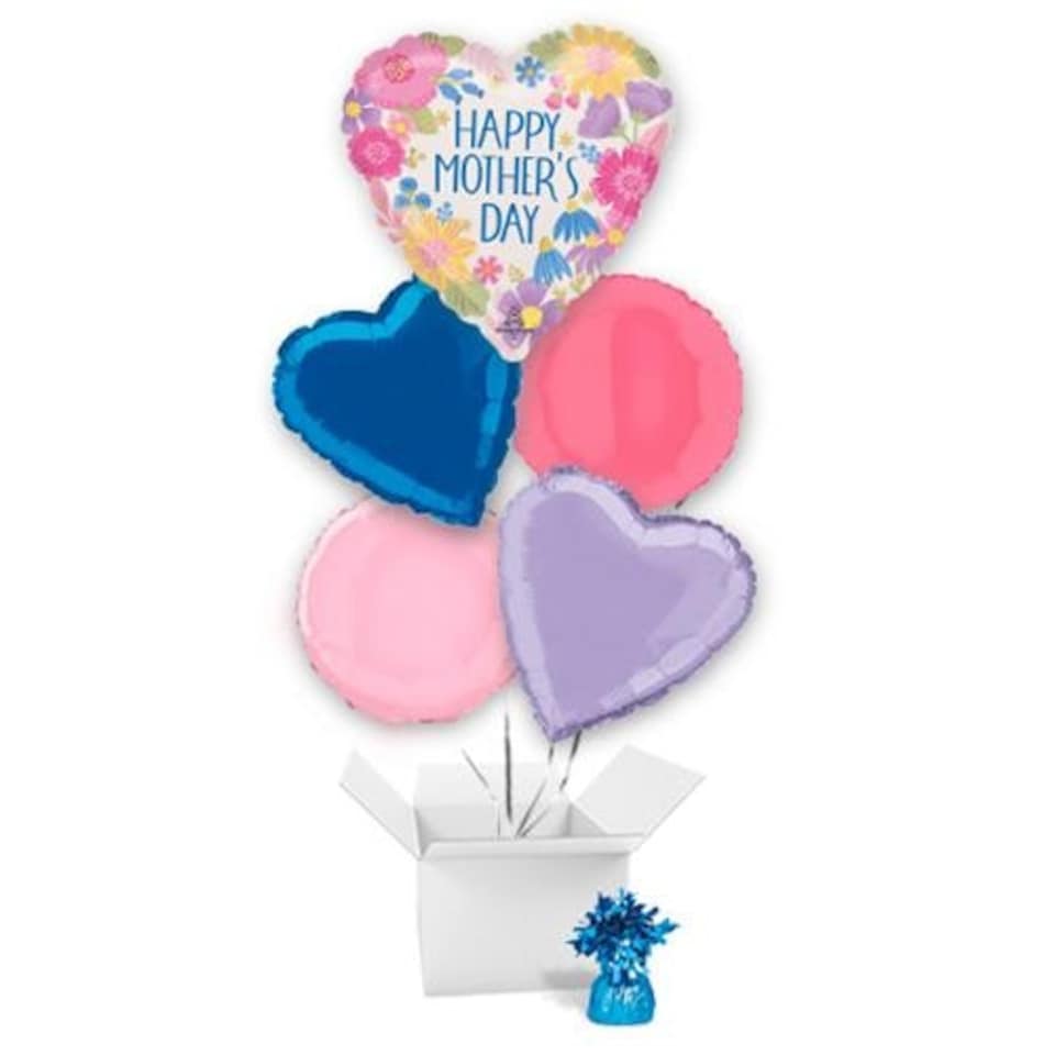 Happy Mother's Day Botanical Floral Heart Shape Foil Helium Balloon Bouquet - 5 Inflated Balloons In A Box Multi
