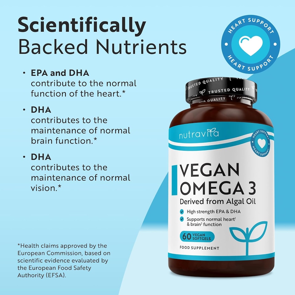 image 1 of Nutravita Vegan High Strength Omega 3 2000mg Soft Gels - Plant-Based 600mg DHA & 300mg EPA Derived from Sustainable Algal Oil - 60 Vegan Softgels